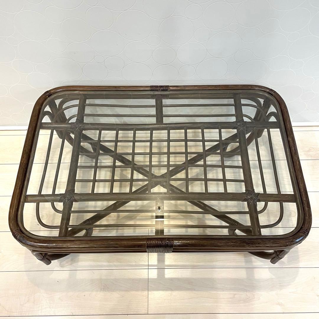 ラタン家具 和モダン 籐 ガラステーブル ローテーブル レトロ　ヴィンテージ