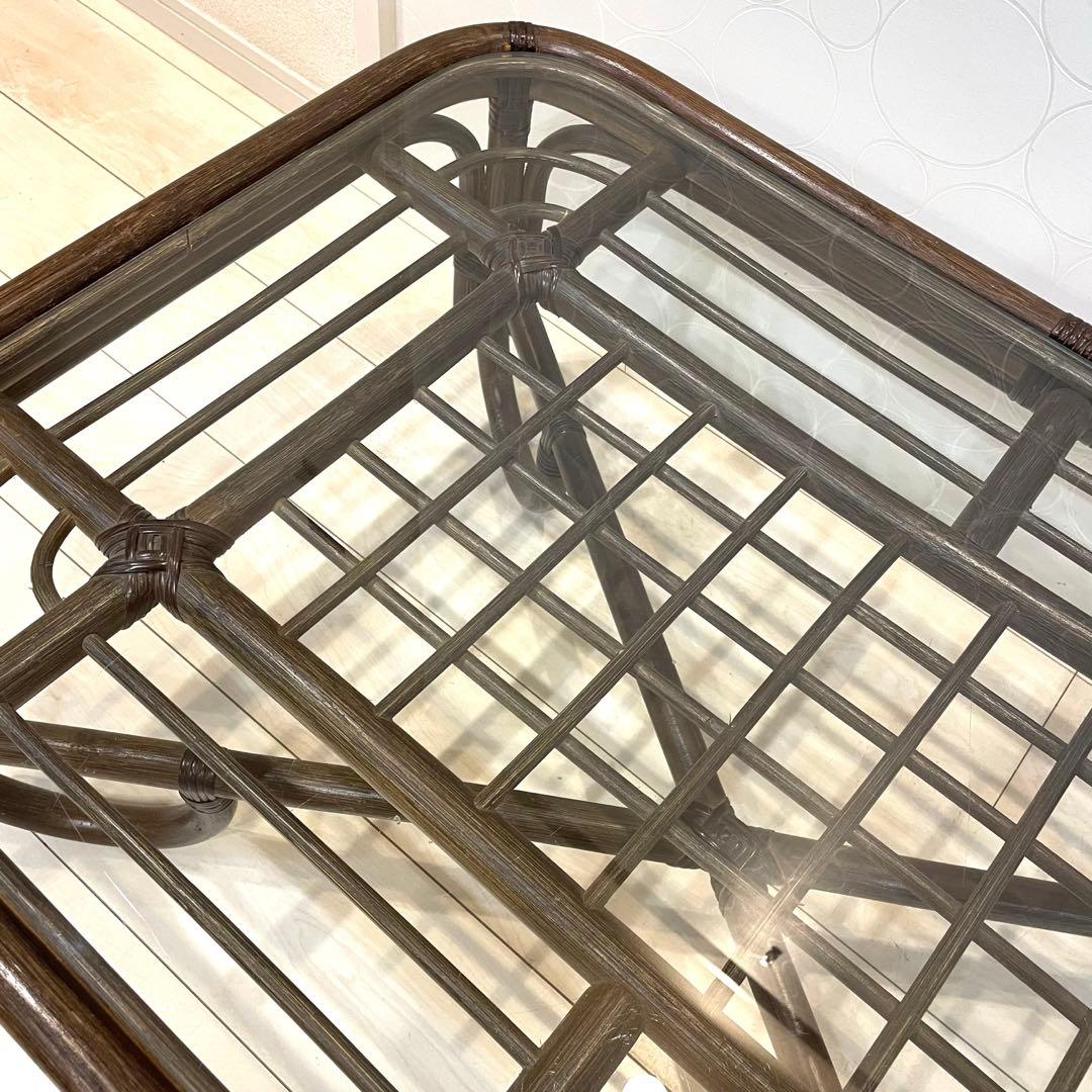 ラタン家具 和モダン 籐 ガラステーブル ローテーブル レトロ　ヴィンテージ