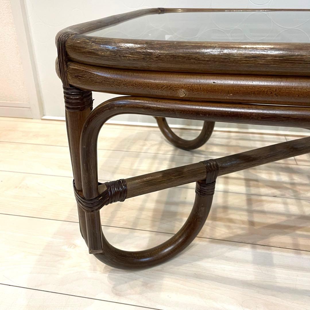 ラタン家具 和モダン 籐 ガラステーブル ローテーブル レトロ　ヴィンテージ