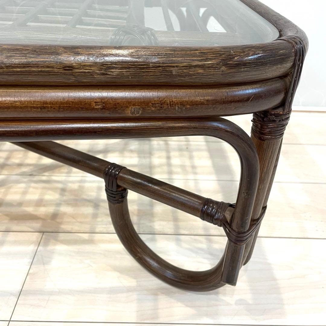 ラタン家具 和モダン 籐 ガラステーブル ローテーブル レトロ　ヴィンテージ