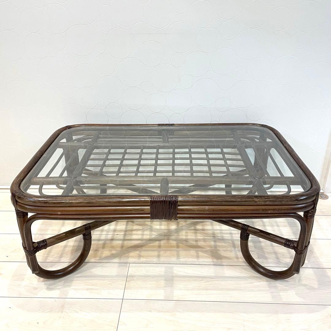ラタン家具 和モダン 籐 ガラステーブル ローテーブル レトロ　ヴィンテージ