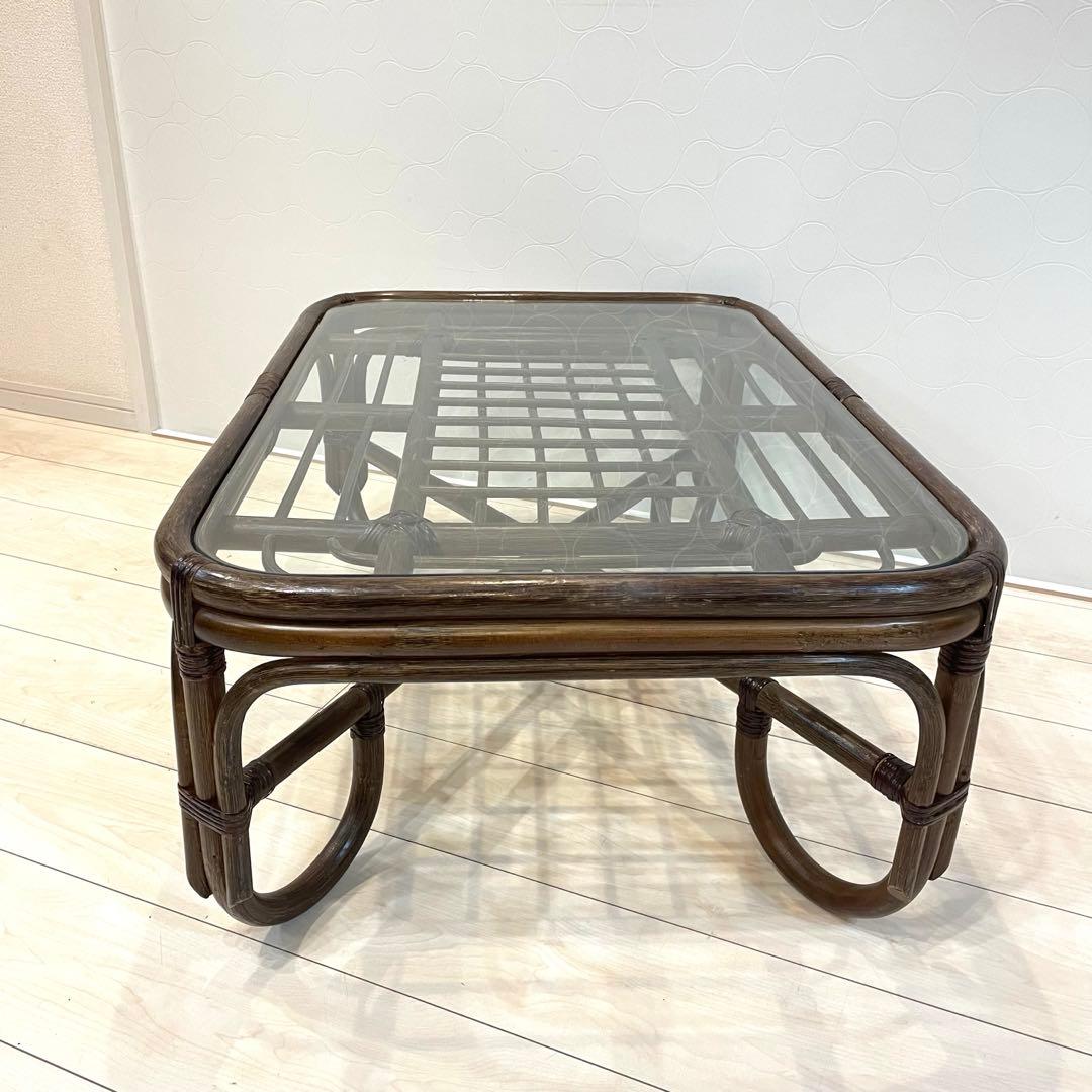 ラタン家具 和モダン 籐 ガラステーブル ローテーブル レトロ　ヴィンテージ