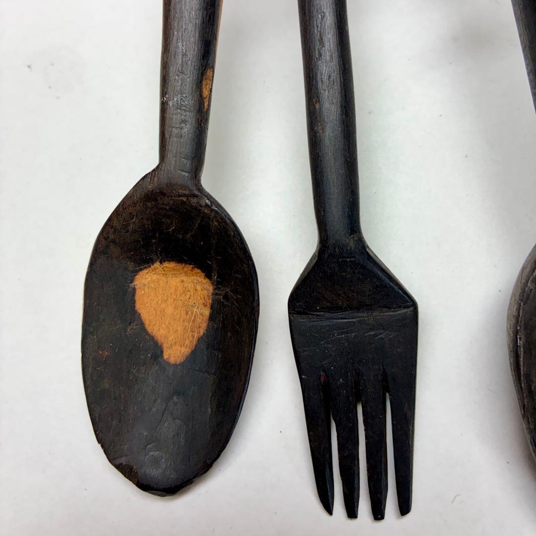 ドゴン族　サハラ砂漠の黒檀スプーン2本フォーク7本セット新品未使用1999年マリ