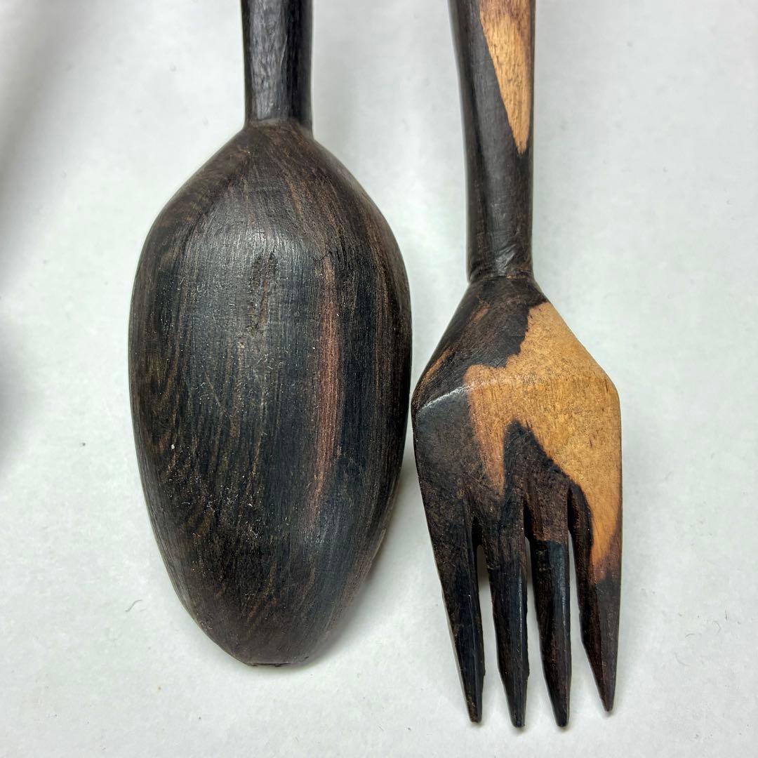 ドゴン族　サハラ砂漠の黒檀スプーン2本フォーク7本セット新品未使用1999年マリ