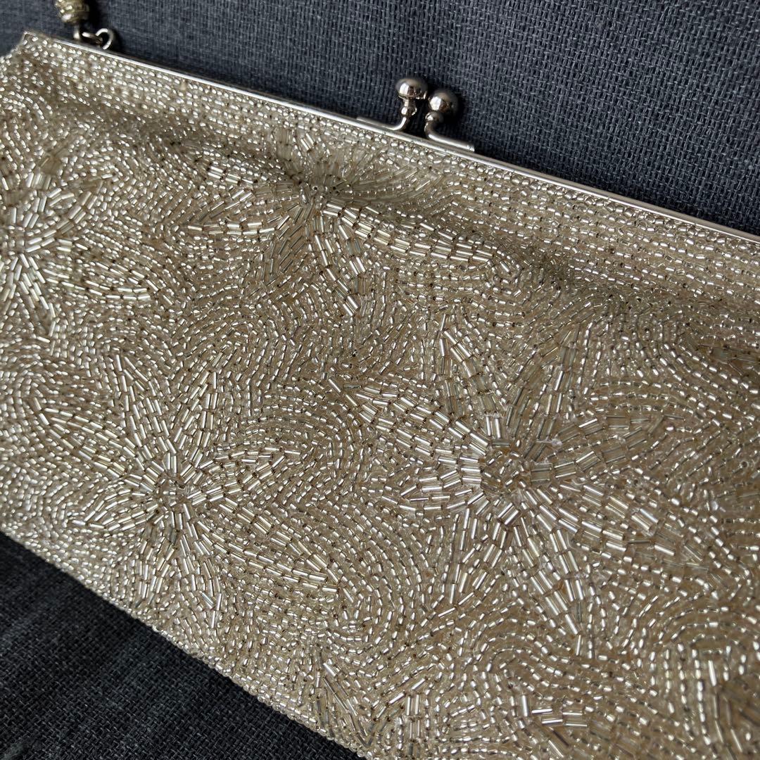 【美品】ヴィンテージ WAKO 銀座和光 高級ビーズ パーティーバッグ シルバー