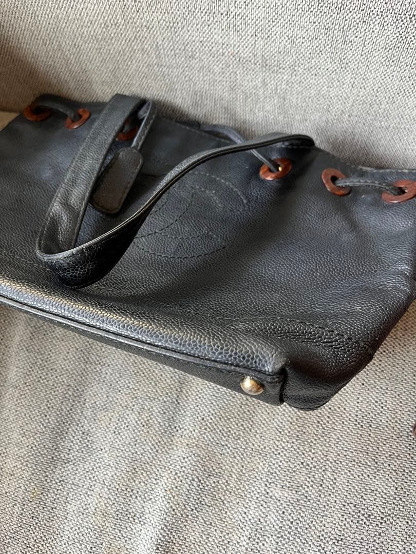 CHANEL ウッド　ショルダー　トートバッグ　キャビアスキン　ブラック