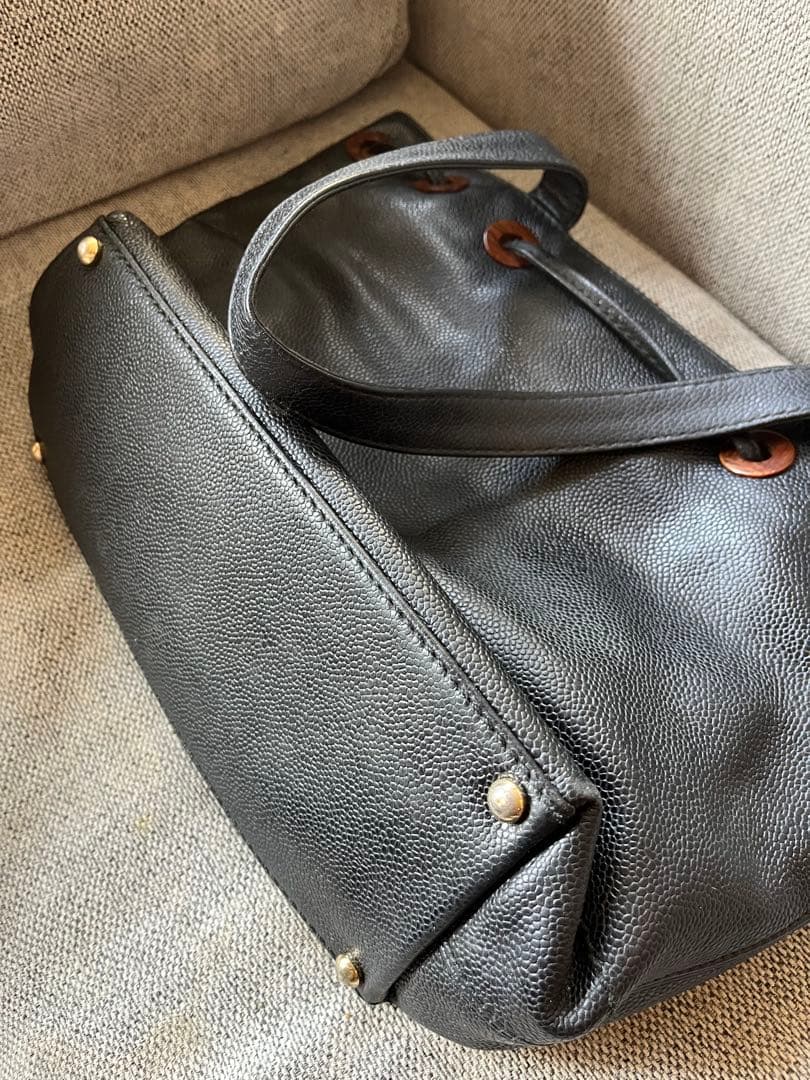 CHANEL ウッド　ショルダー　トートバッグ　キャビアスキン　ブラック