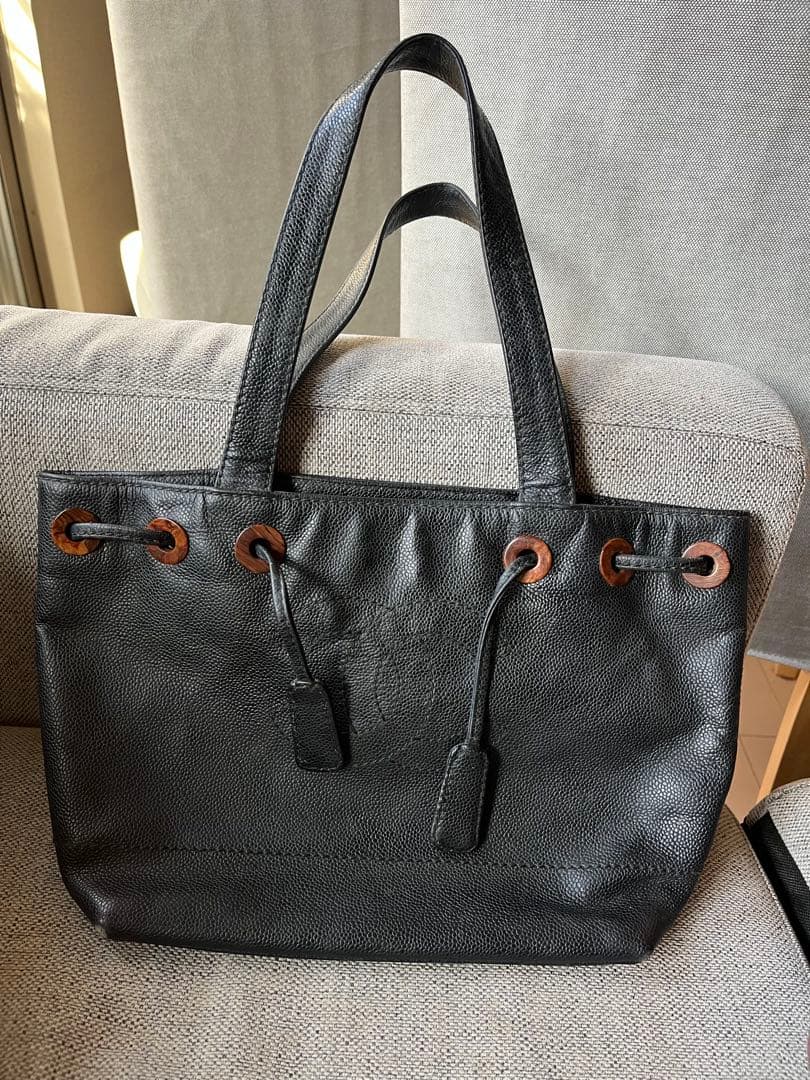 CHANEL ウッド　ショルダー　トートバッグ　キャビアスキン　ブラック