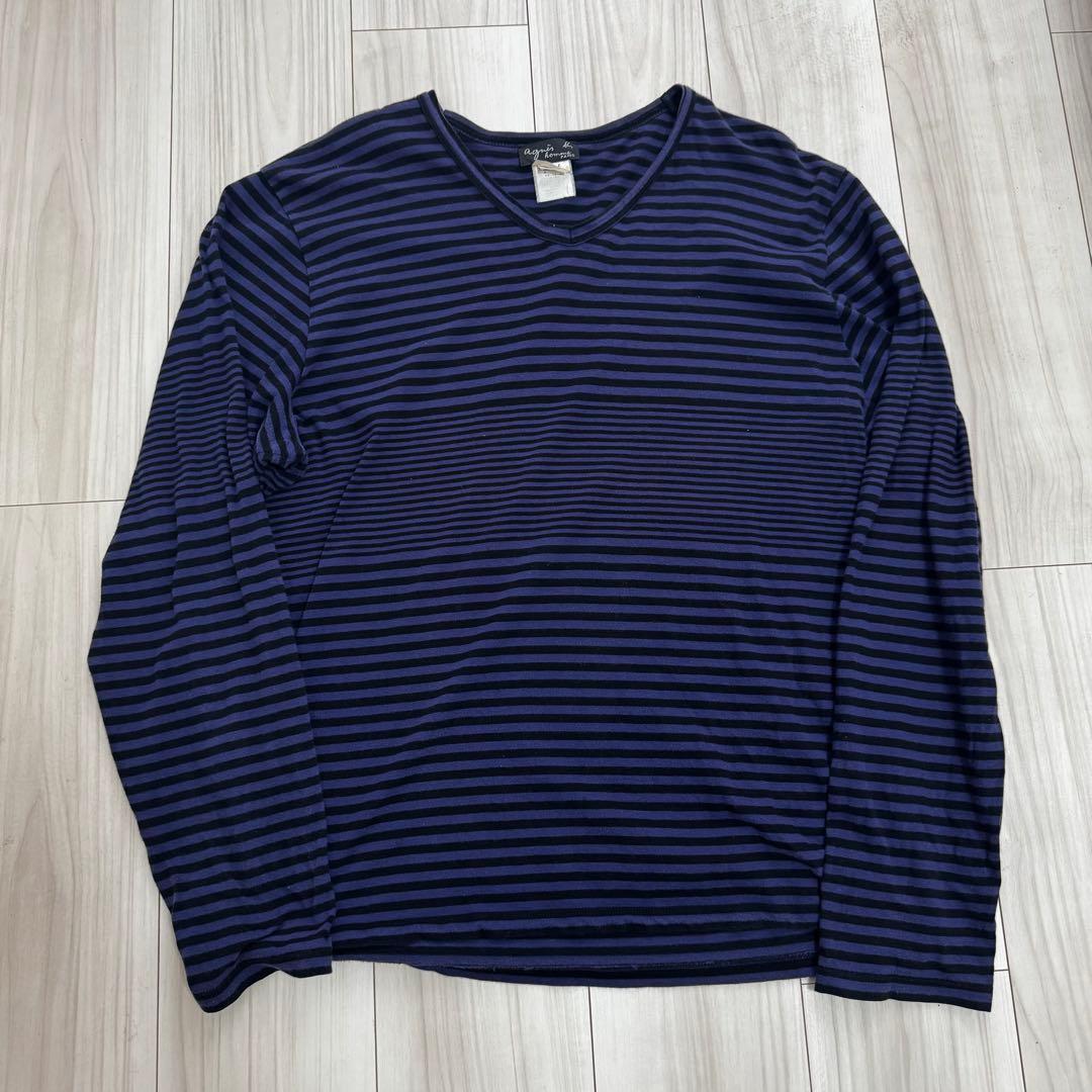 アニエスベーオム ロゴピスネーム Vネック ボーダーカットソー 3 ポルトガル製