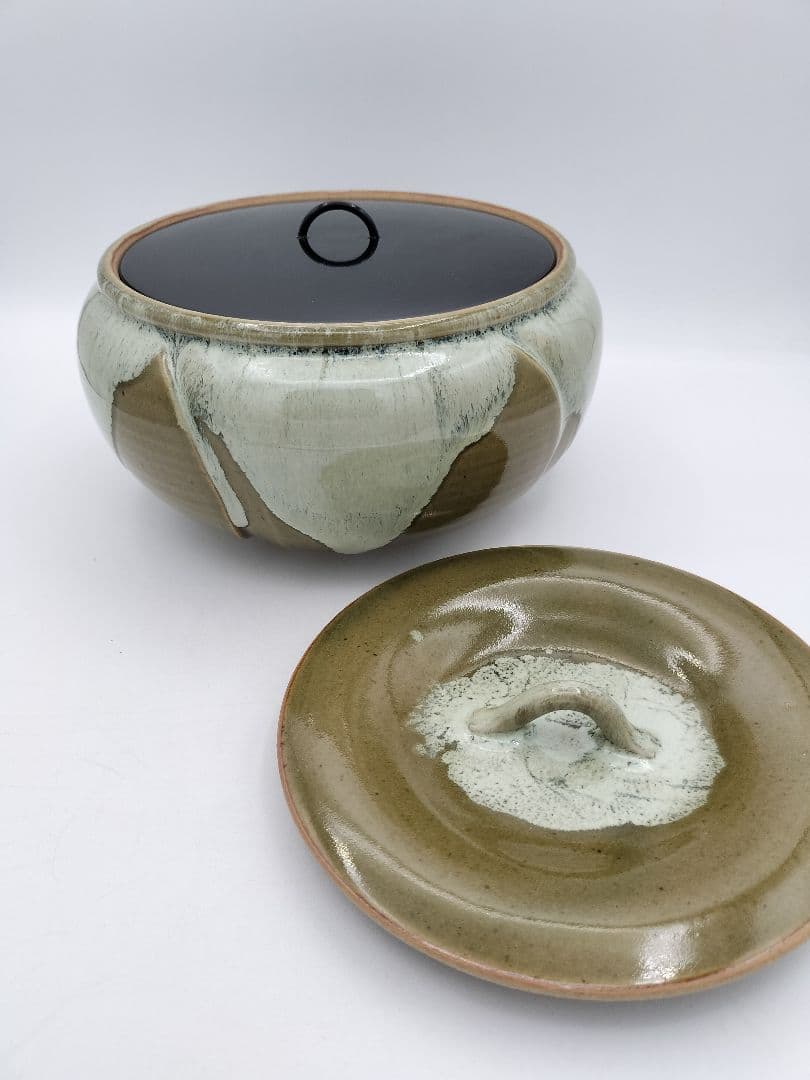 b164 【未使用】水指 捻梅 即中斎好 萬古 福森比路志 塗蓋付 木箱 茶道具