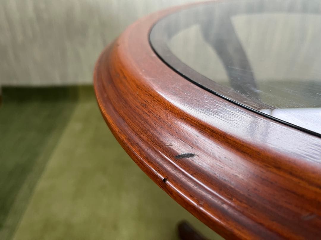 【May65】イタリア製 木製円形テーブル ガラス天板