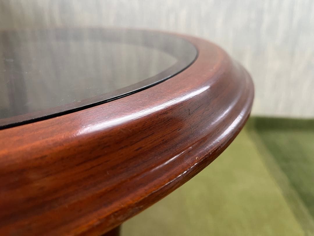 【May65】イタリア製 木製円形テーブル ガラス天板