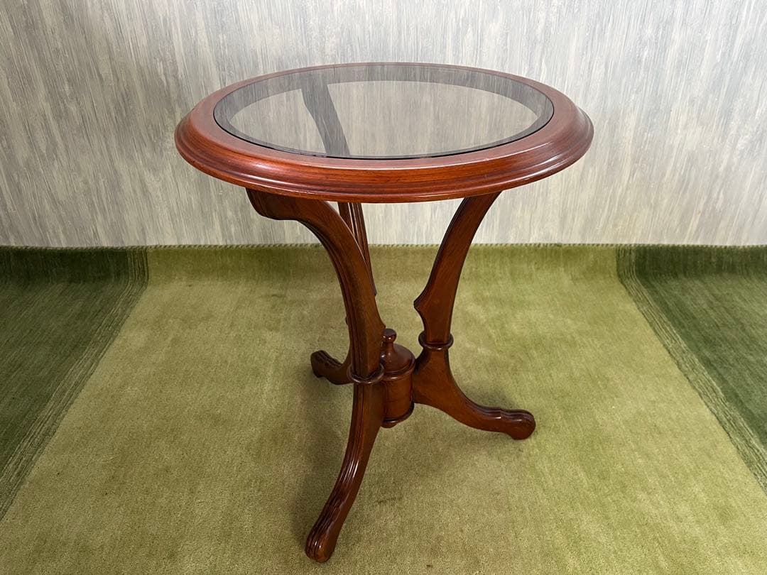 【May65】イタリア製 木製円形テーブル ガラス天板