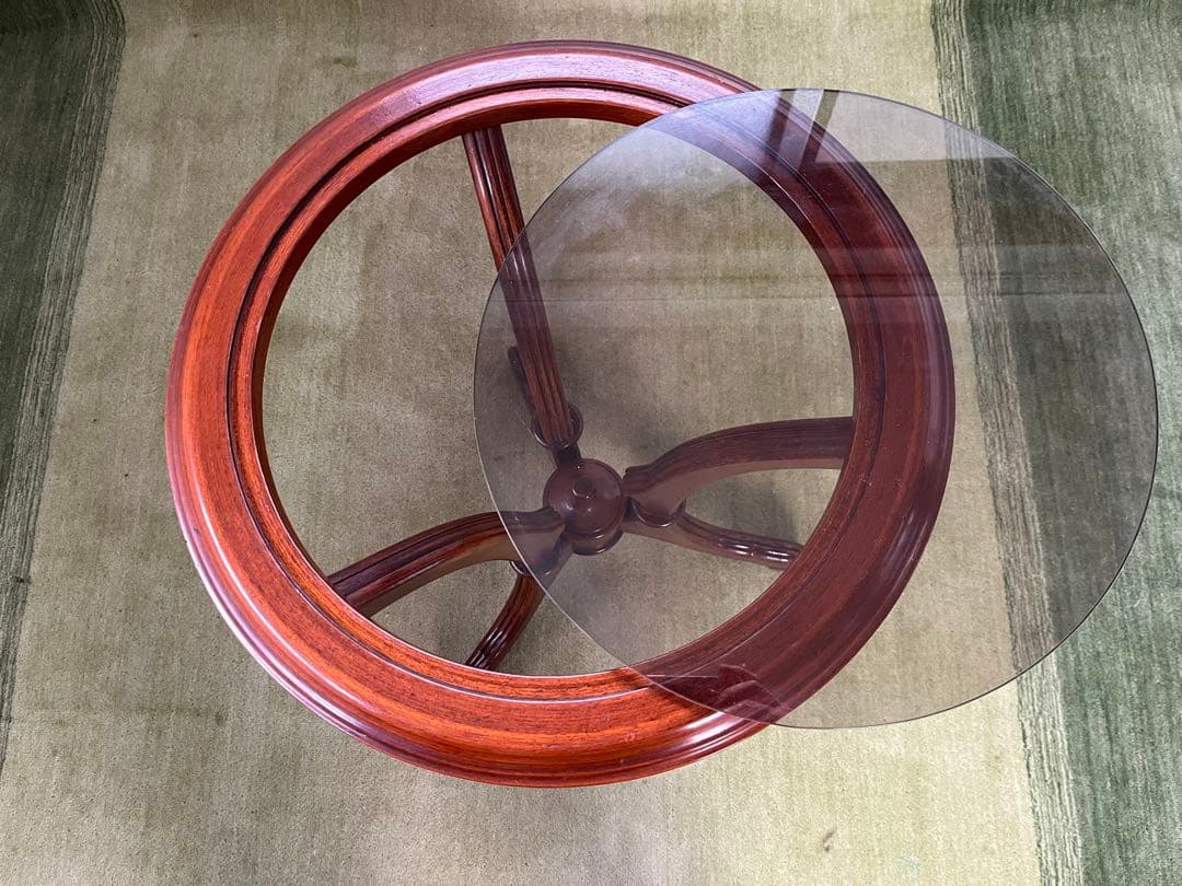 【May65】イタリア製 木製円形テーブル ガラス天板