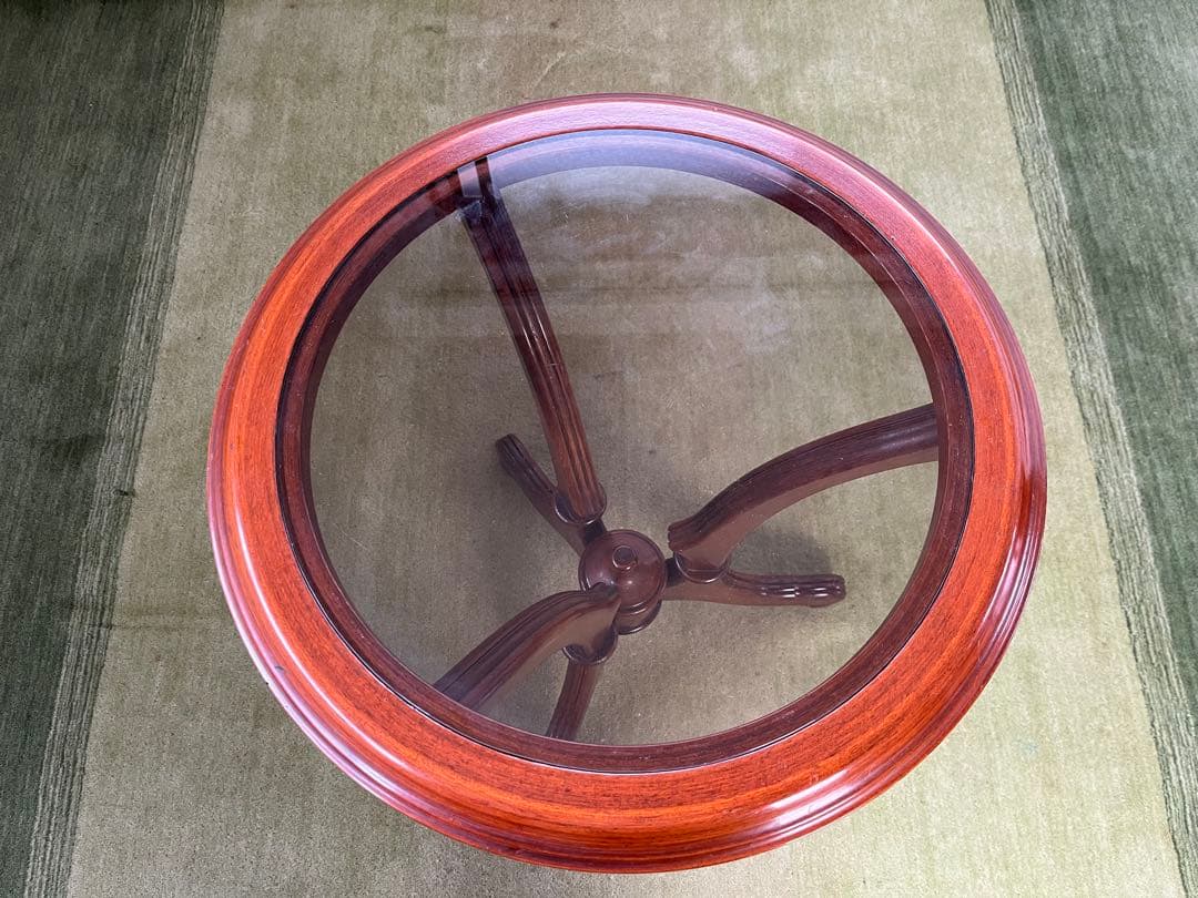 【May65】イタリア製 木製円形テーブル ガラス天板