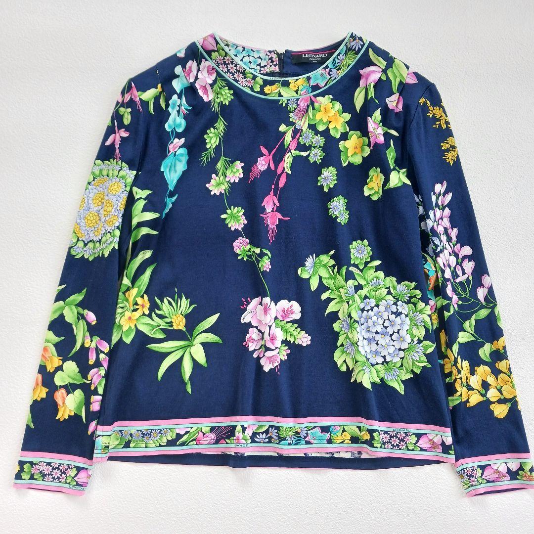 美品♬LEONARD　レオナール　花柄　総柄　カットソー　トップス　ネイビー