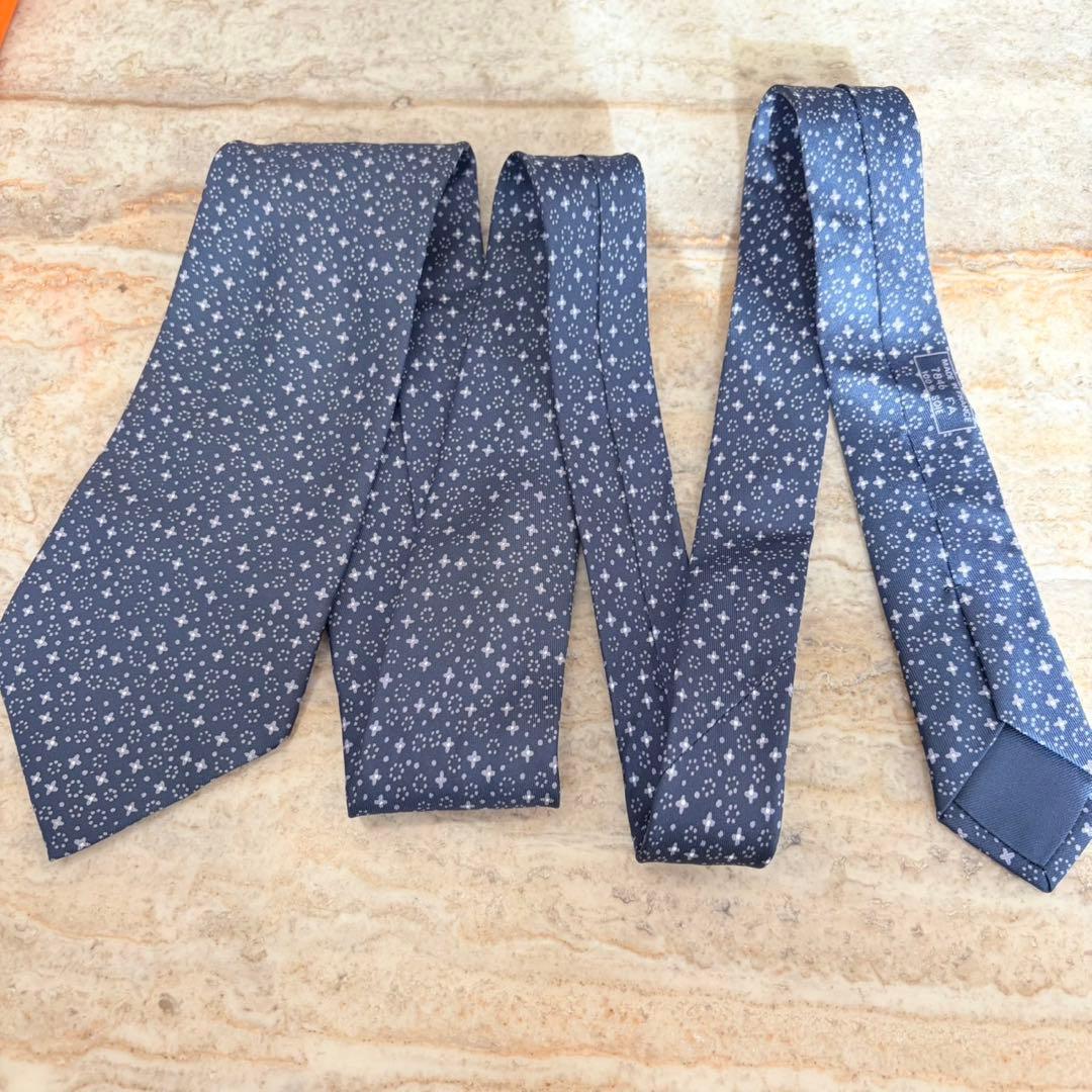 N441 新品未使用 エルメス 総柄 ネクタイ ネイビー グレー メンズ