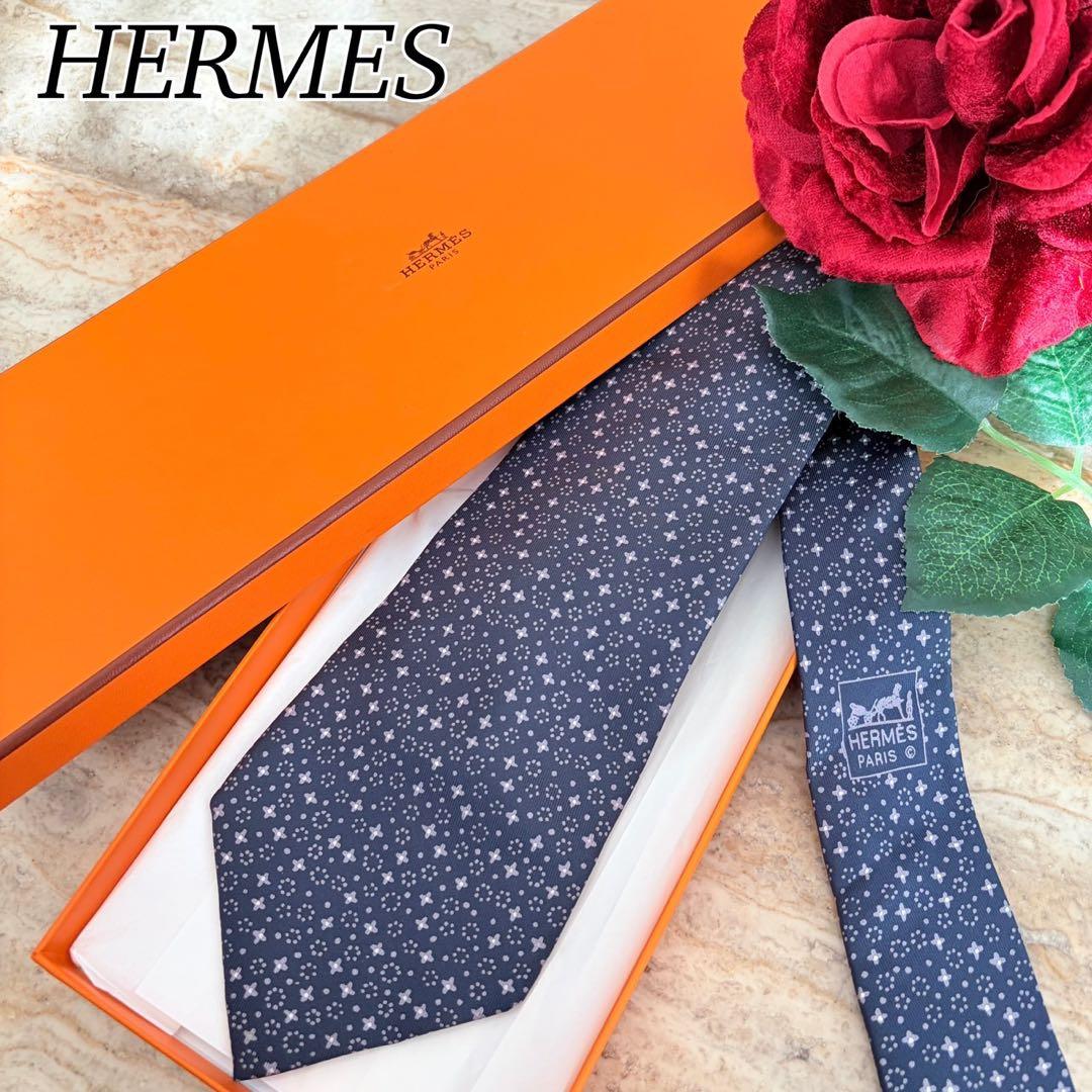N441 新品未使用 エルメス 総柄 ネクタイ ネイビー グレー メンズ