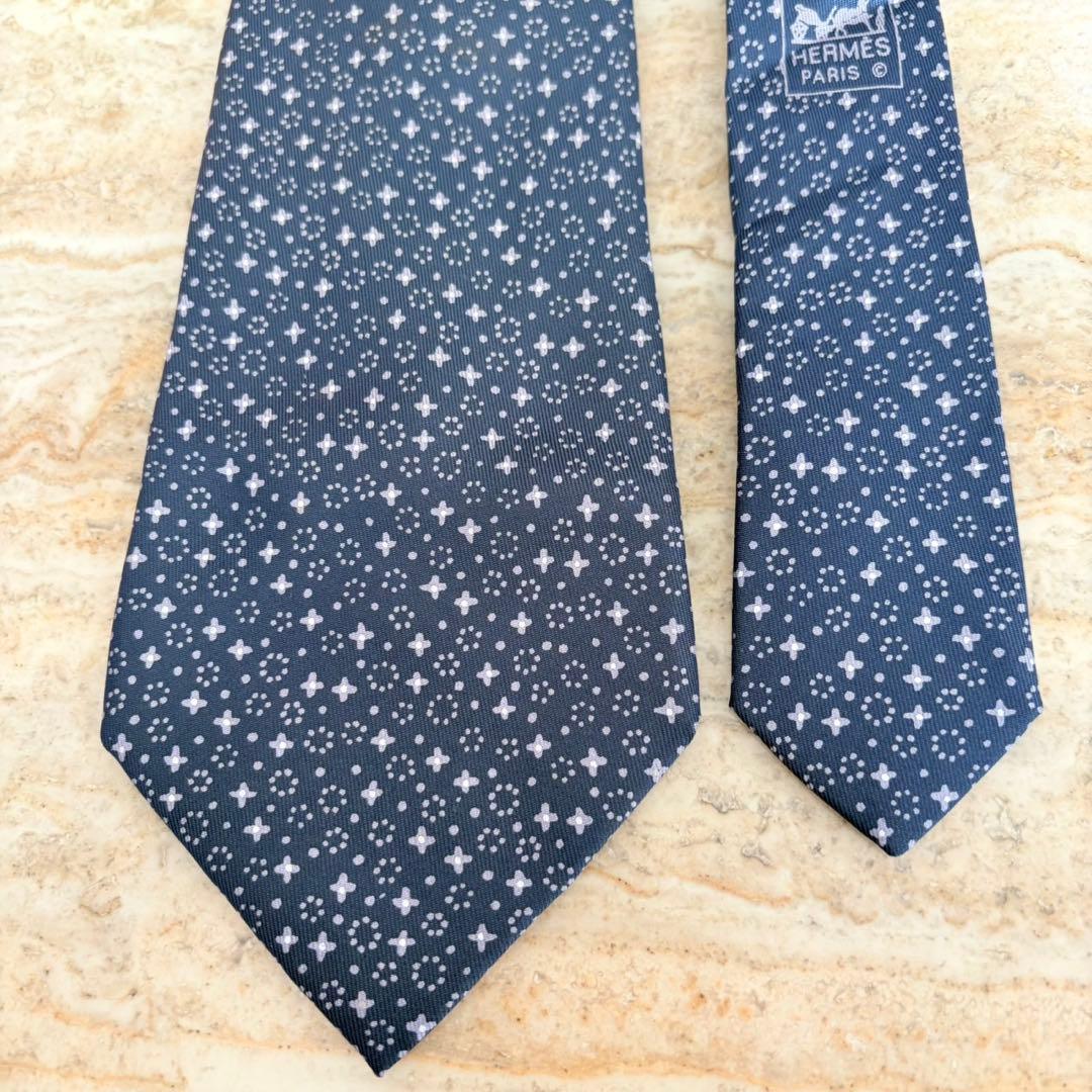 N441 新品未使用 エルメス 総柄 ネクタイ ネイビー グレー メンズ