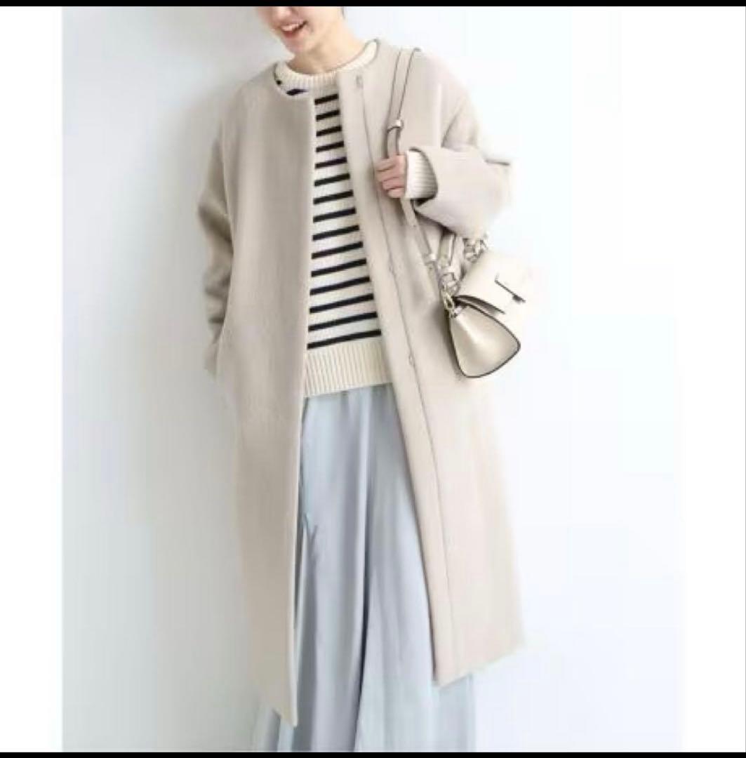 イエナ　ナチュラル ウール100%ノーカラーロングコート サイズ36