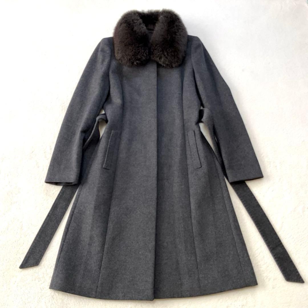 【美品】ANAYI ロングコート アンゴラ混 ブルーフォックス ベルト Ａライン