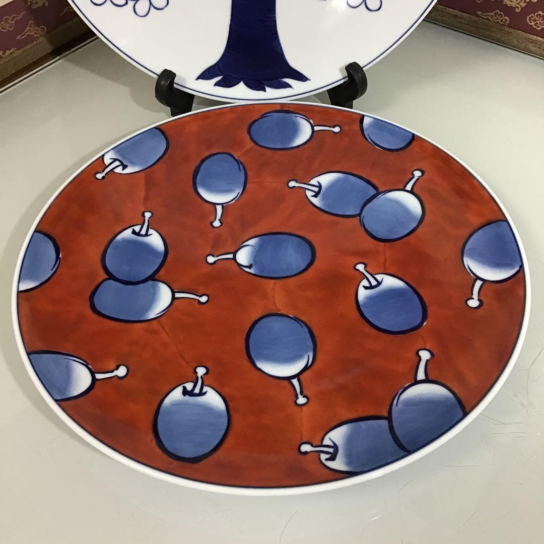 ￼源右衛門　大皿　2枚　染赤濃プルーン文　27.5センチ