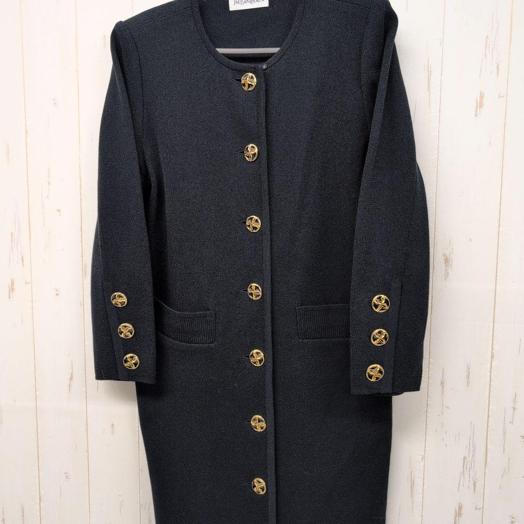 YVES SAINT LAURENT ノーカラー ロングカーディガン 金ボタン