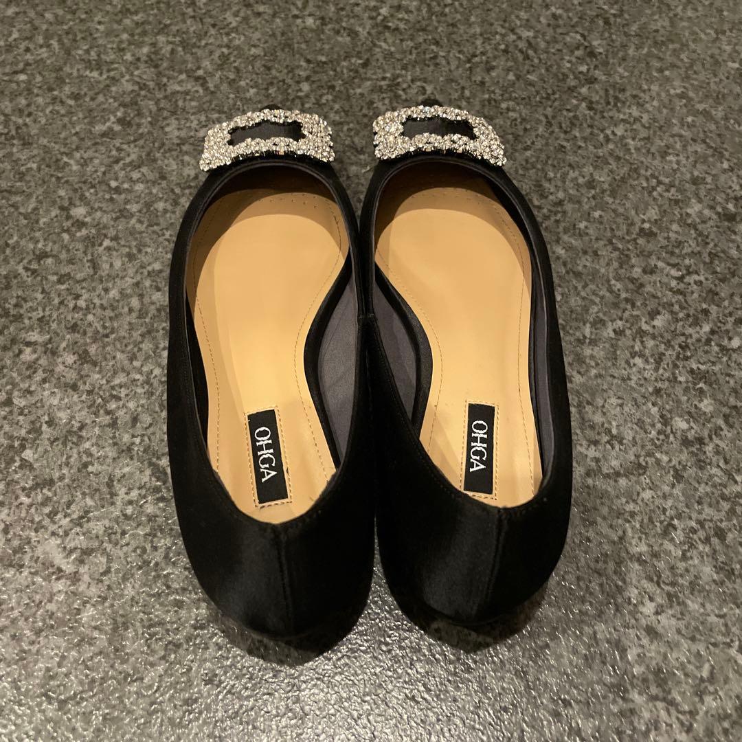 OHGA♡ビジュー付き黒サテンフラットシューズ♡