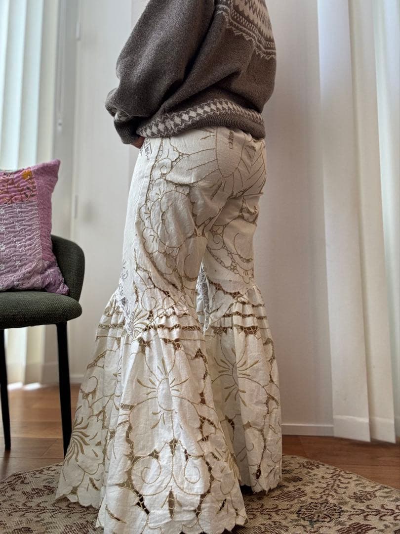 【ゆうりん】アイボリー リメイク フレアパンツ ビンテージクロス レース