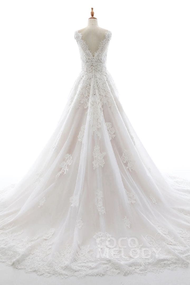 ココメロディ チュール レース ビジュー Vネック ウェディングドレス 9号