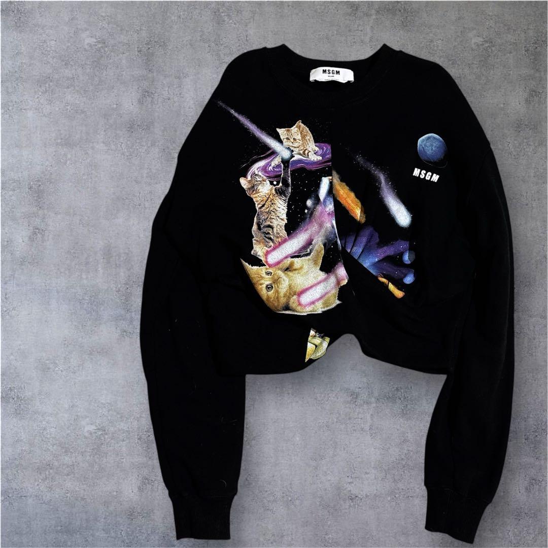美品MSGM クロップドトレーナースウェット裏起毛ネコキャット猫