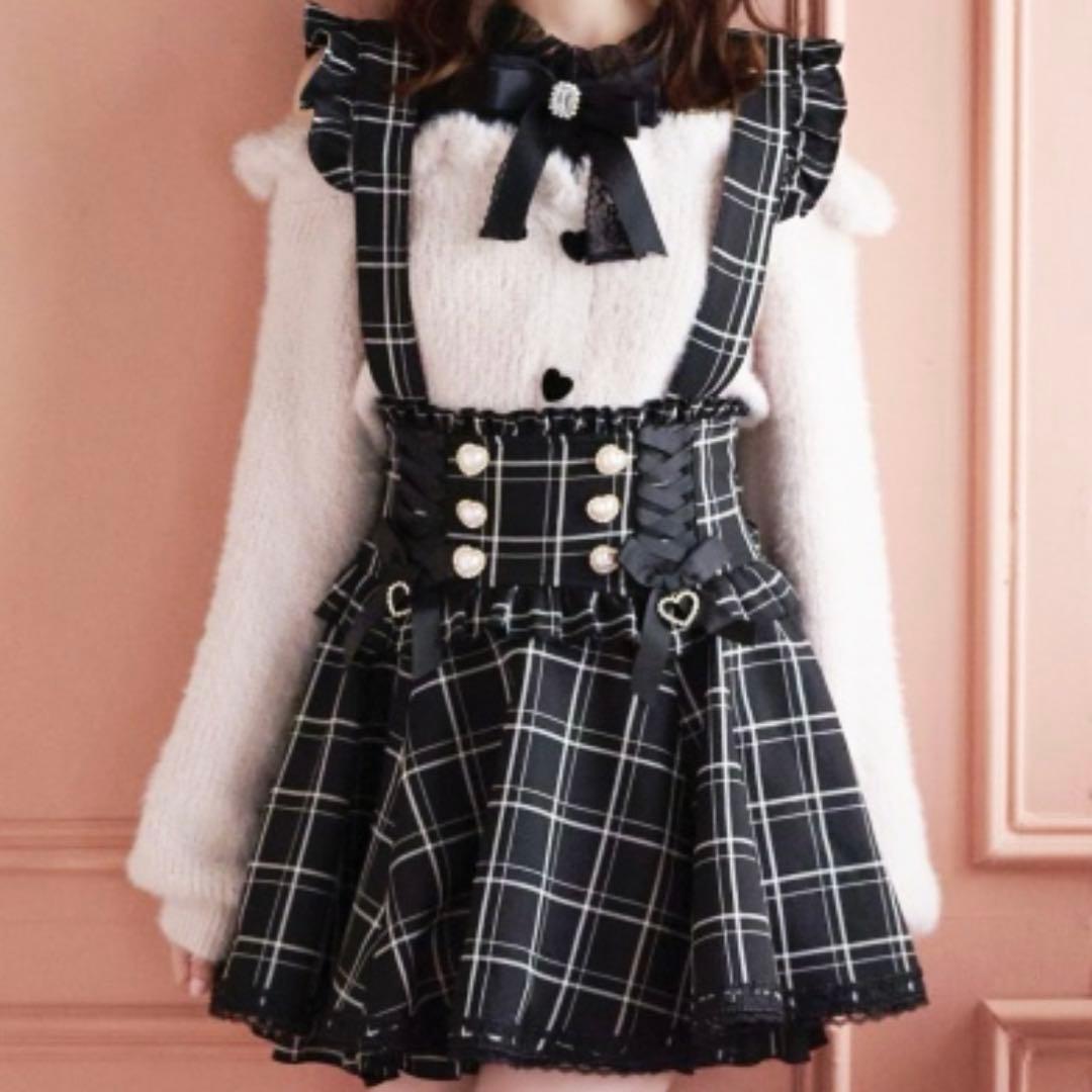 LIZLISA レースアップサスペンダー付スカパン ブラックチェック