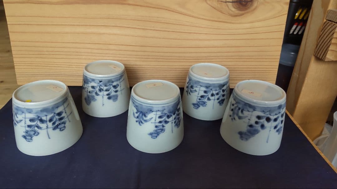 古伊万里 竹垣に桔梗と撫子 蕎麦猪口 五客