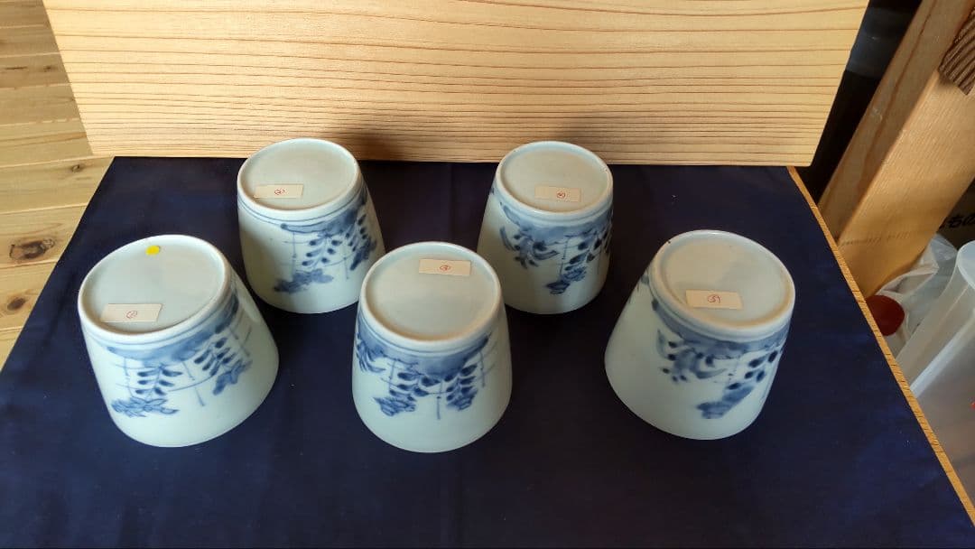 古伊万里 竹垣に桔梗と撫子 蕎麦猪口 五客