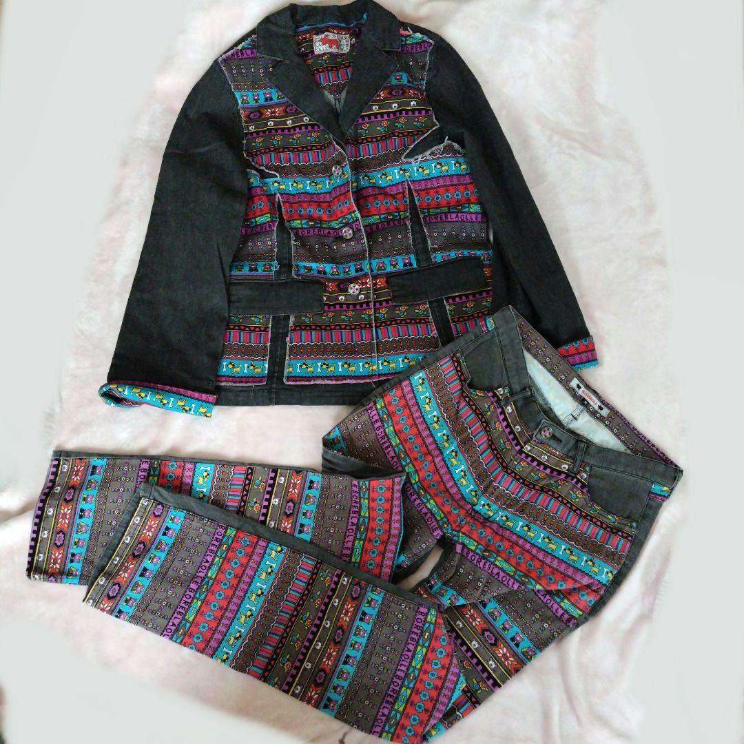 オレボレブラ　ジャケット　パンツ　デニム　セットアップ　ブタ　フラワー　花