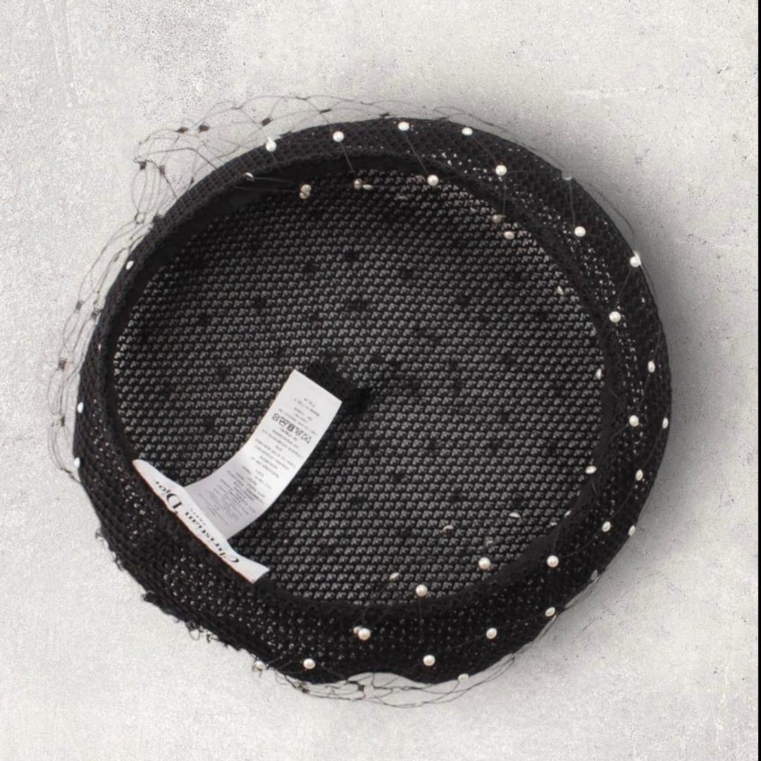 未使用　Dior　ディオール　メッシュ　パール　ベレー帽　ブラック