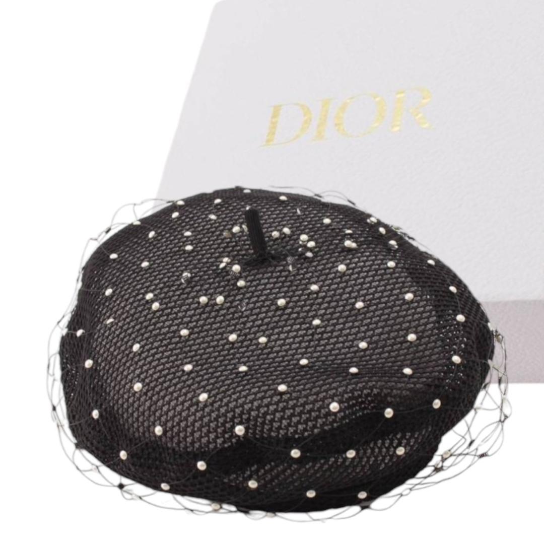 未使用　Dior　ディオール　メッシュ　パール　ベレー帽　ブラック