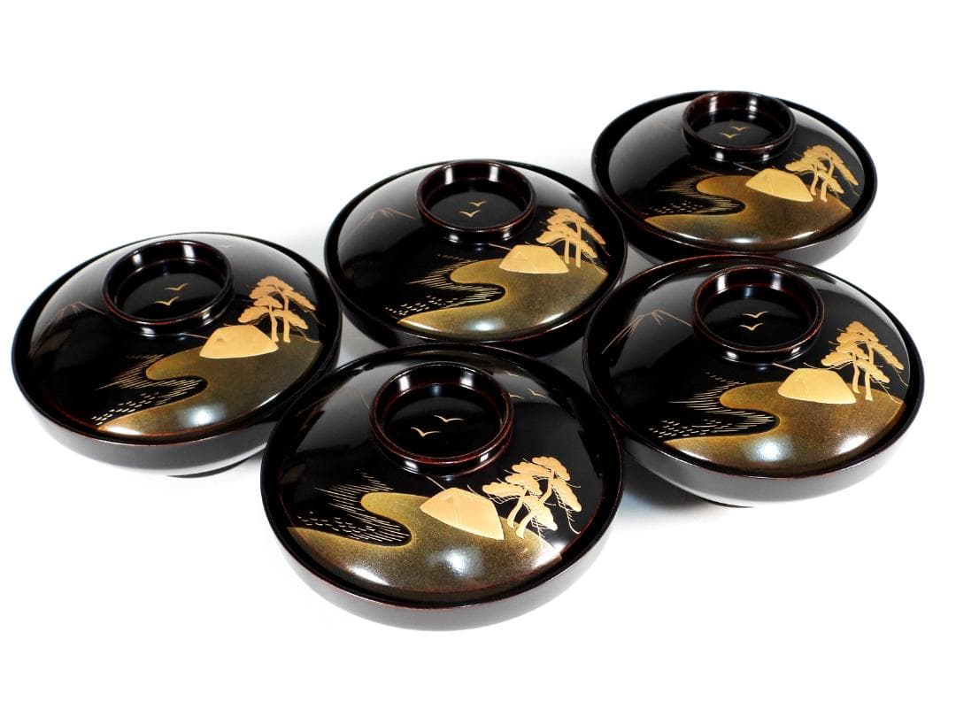 金蒔絵　風景図　木製漆器 輪島　汁椀蓋碗5客セット　吸物碗