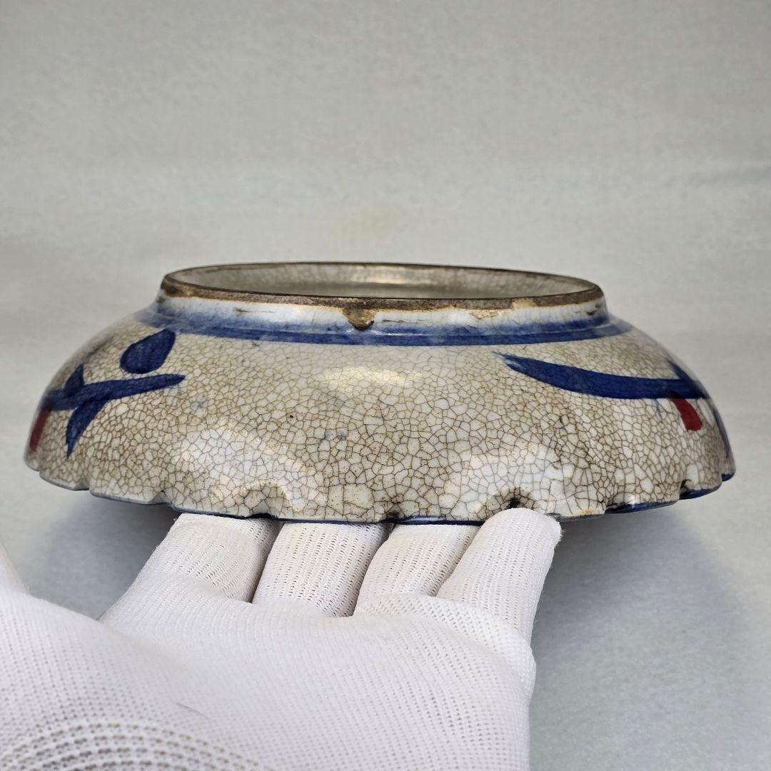 舶来品 中国古磁 青花染付 釉里紅 手絵 花鳥紋 観賞皿 筆洗い 筆添 在銘