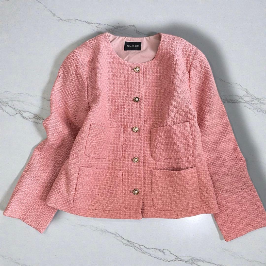 INGEBORG インゲボルグ尾州ツイード ノーカラージャケットピンク11号美品
