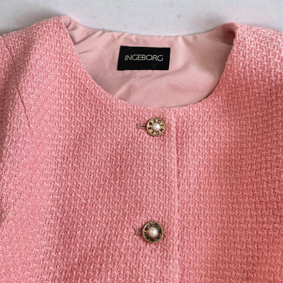 INGEBORG インゲボルグ尾州ツイード ノーカラージャケットピンク11号美品