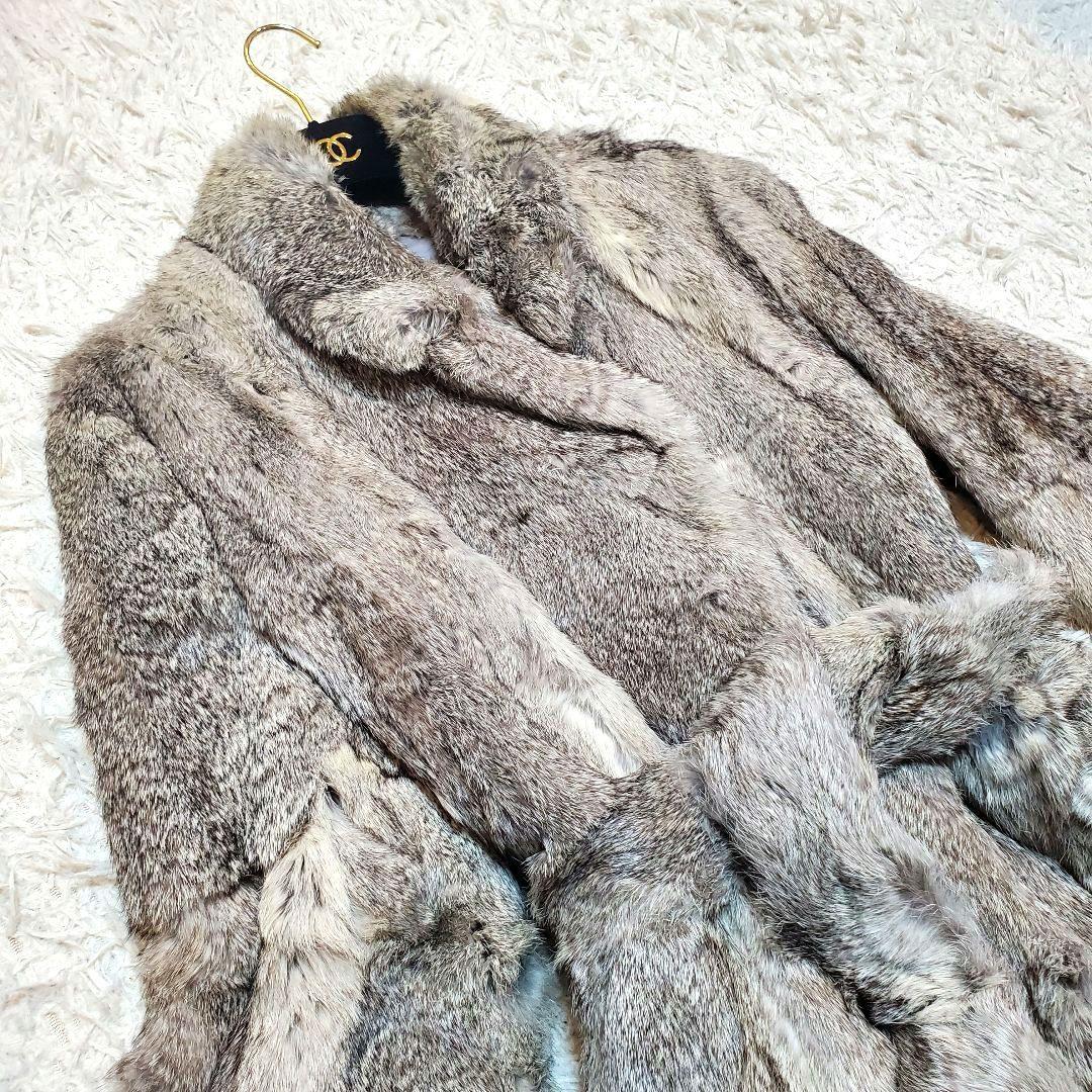 美品 ラビットファー 毛皮 ロングコート モコモコ ベルト付き リアルファー