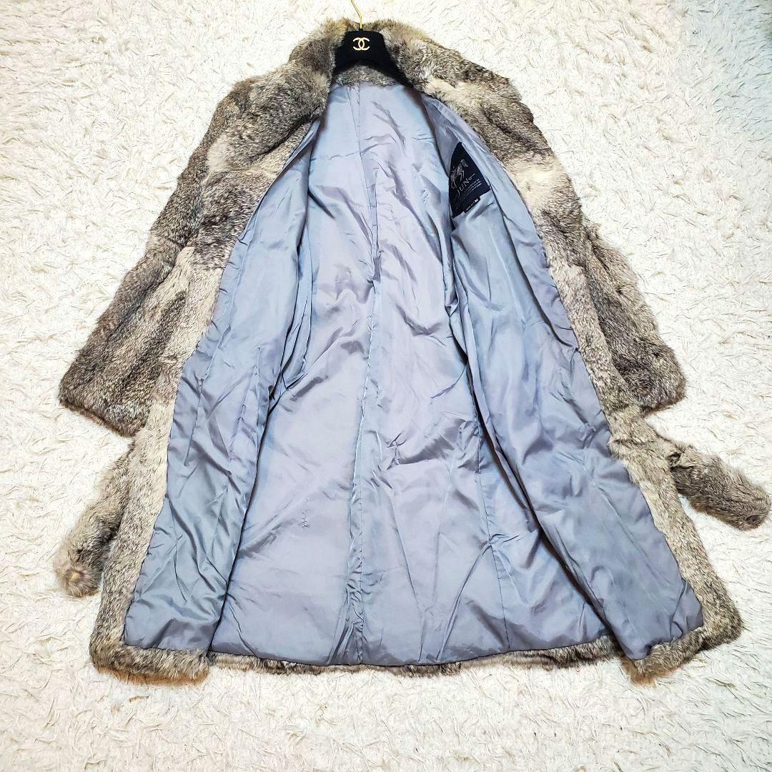 美品 ラビットファー 毛皮 ロングコート モコモコ ベルト付き リアルファー