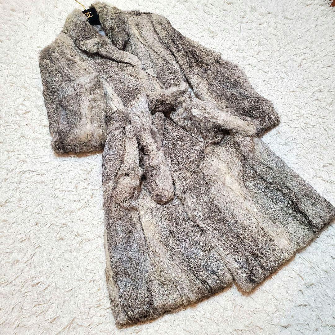 美品 ラビットファー 毛皮 ロングコート モコモコ ベルト付き リアルファー