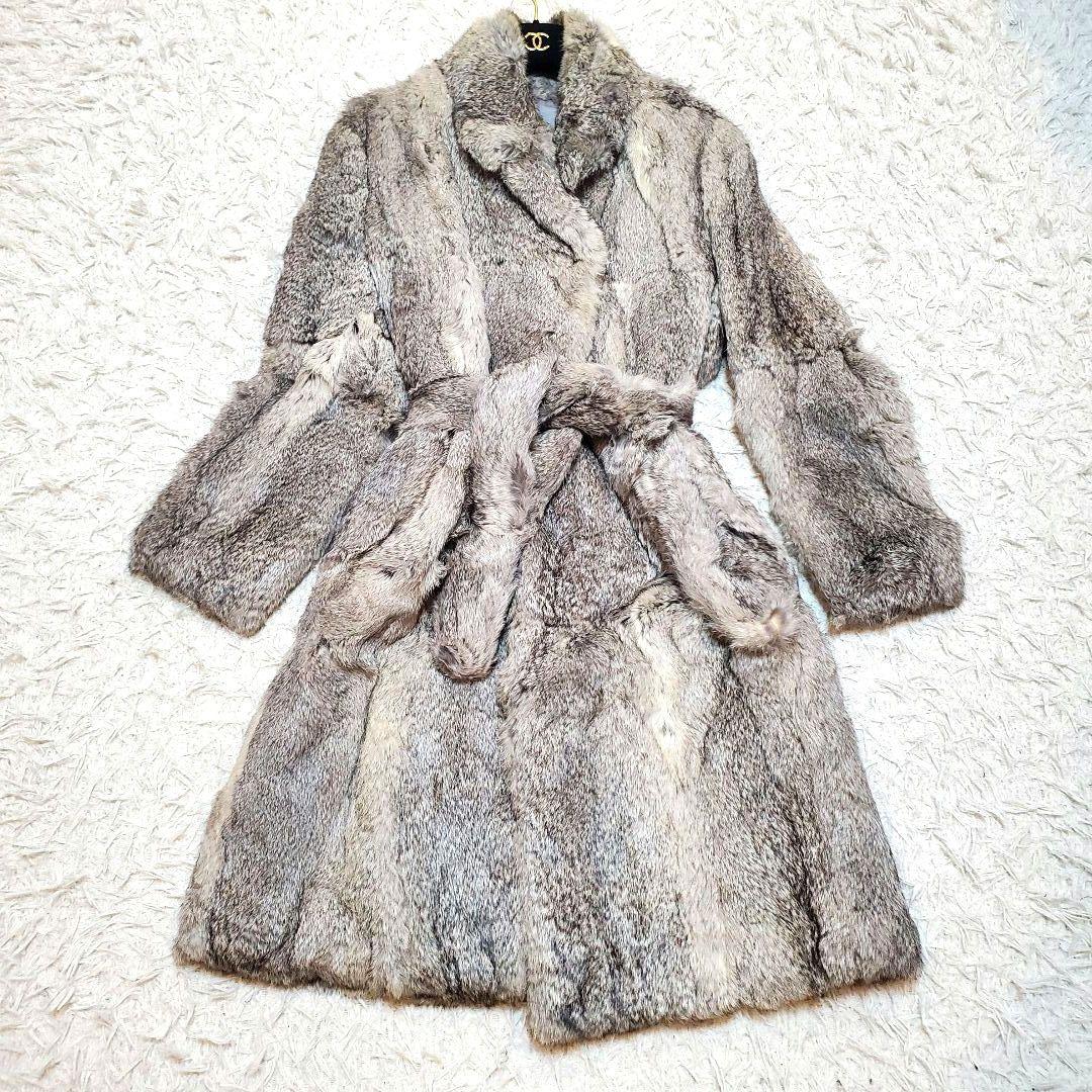 美品 ラビットファー 毛皮 ロングコート モコモコ ベルト付き リアルファー