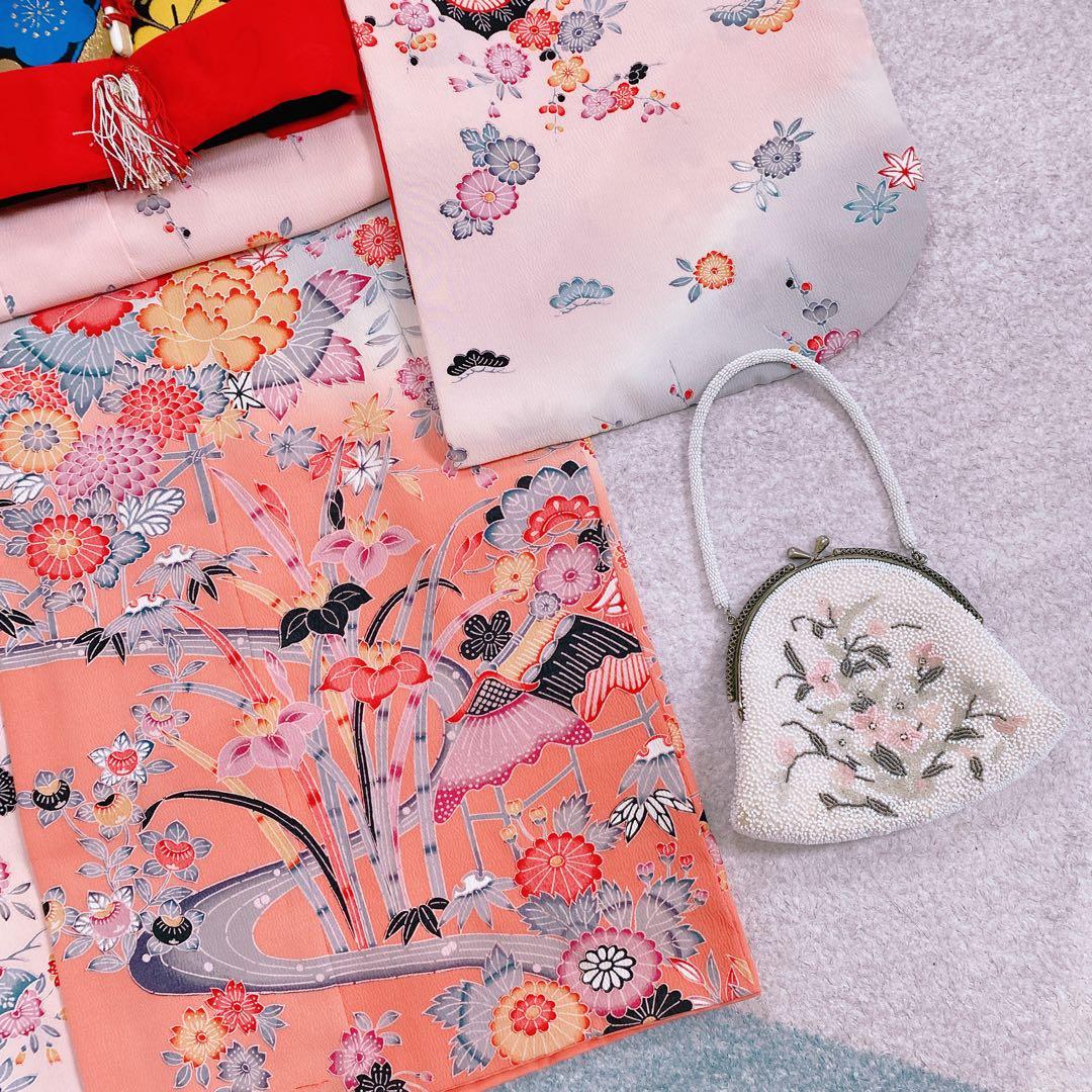 七五三 7歳〜ジュニア 着物 帯 ビーズバッグ 草履 小物セット ちりめん