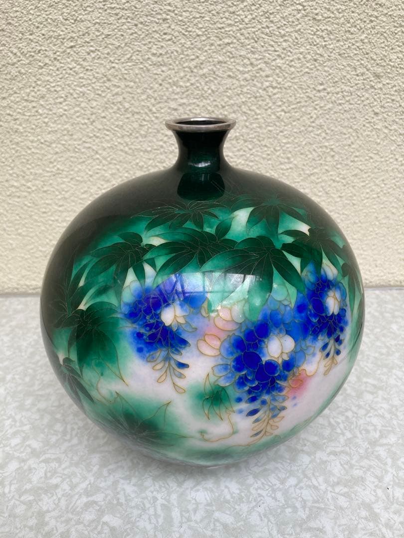 安藤七宝 銀縁 純銀刻印有 藤文花入　木箱付