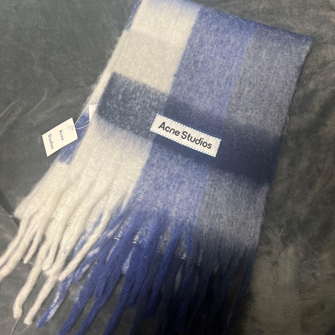 Acne Studiosモヘアチェックスカーフ ホワイト/グレー/ロイヤルブルー