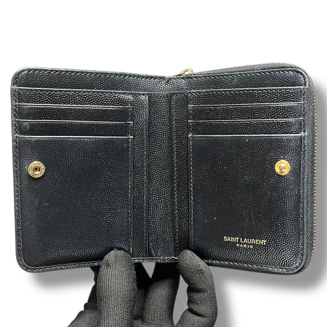 美品 サンローラン 財布 YSL キャビアスキン ブラック コンパクト 折財布