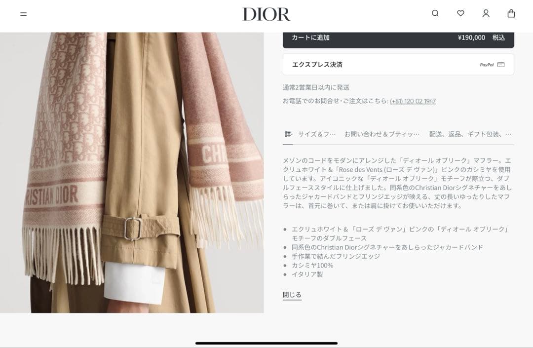 25年製 Christian Dior オブリーク カシミヤ100マフラー